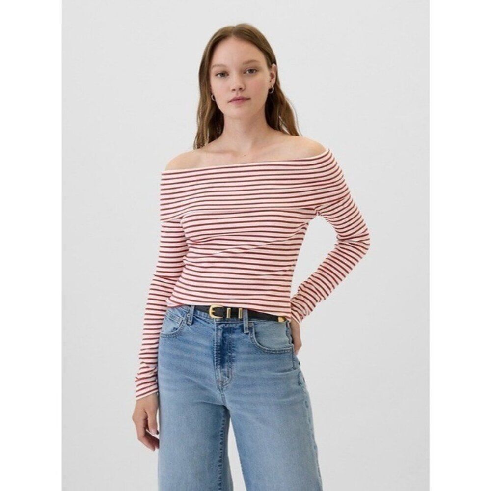 GAP LG Ribbed Foldover Red White Striped Top Natucial Coastal NEW
